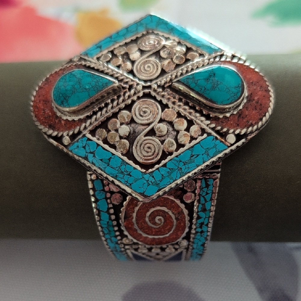 Turquoise and Coral Stone Tibetan Silver Bracelet - Picture 1 of 11